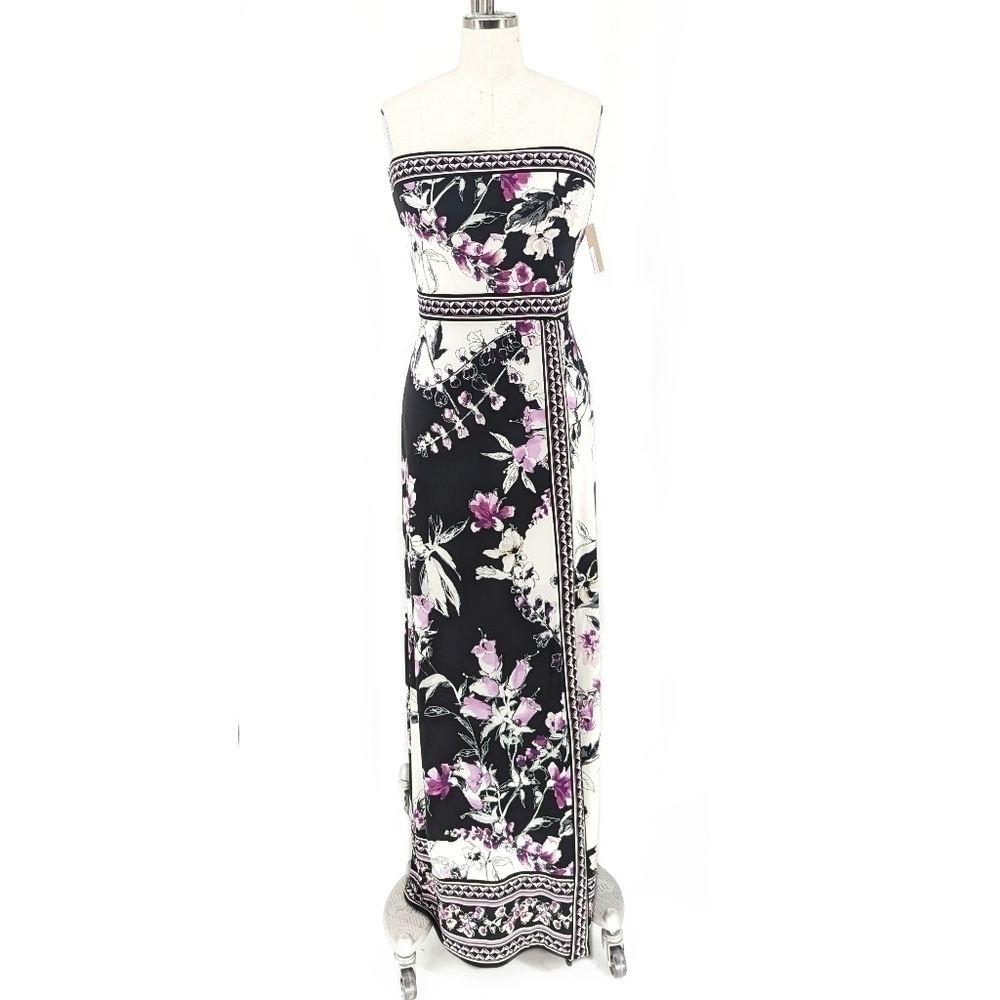 NEW WHBM Floral Strapless Maxi Knit Dress Black Purple S preppy retro resortwear